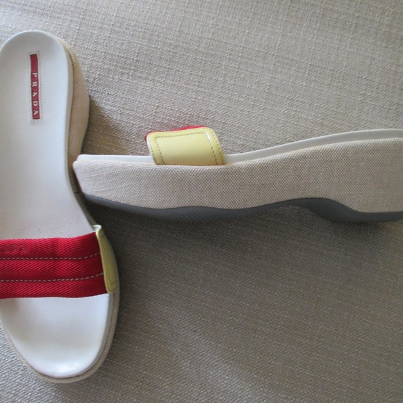 AUTH PRADA $275 red yellow logo SANDALS - Picture 3 of 8